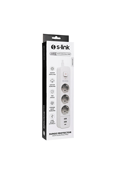 S-LINK SPG03TC، 3 مقابس، مقبس حماية من التيار، 1x Type-C، 2xUSB 5V 4A، كابل نحاسي 100% بطول 1.5 متر، 1 مم، 750