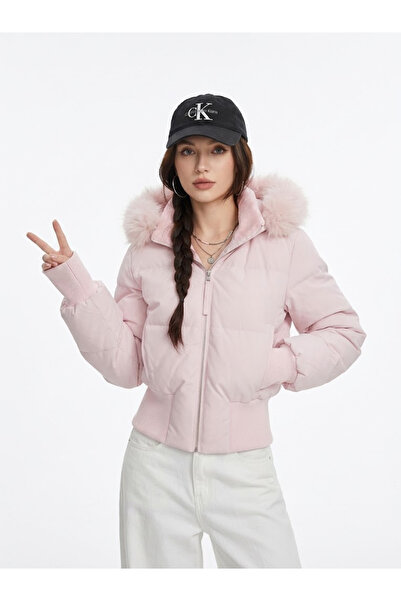 Generic Brand Women's Short Puffer Jacket Fitted Waist, Big Faux Fur Collar, ...