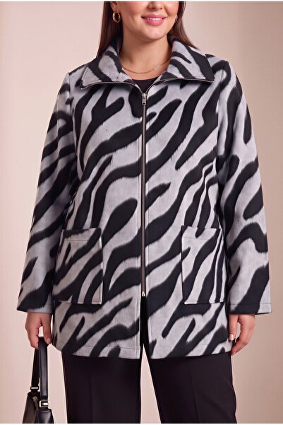 RMG Leopard Patterned Unlined Large Size Cashmere Coat Gray