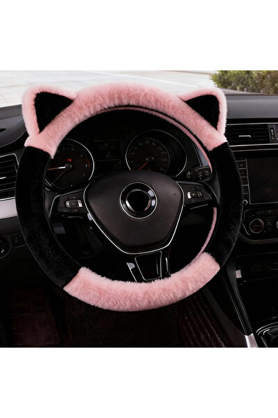 KOTO Kulaklı Pembe Peluş Direksiyon Kılıfı Kadınlara Özel Tüylü Direksiyon Kı...
