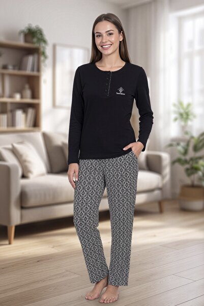 REN Women's black 100% pure cotton pajama set, comfortable fit, buttoned coll...