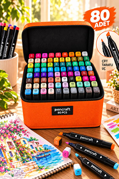 House Bird Pencraft 80'li Çift Taraflı Marker Kalem Seti Turuncu Çantalı Stan...