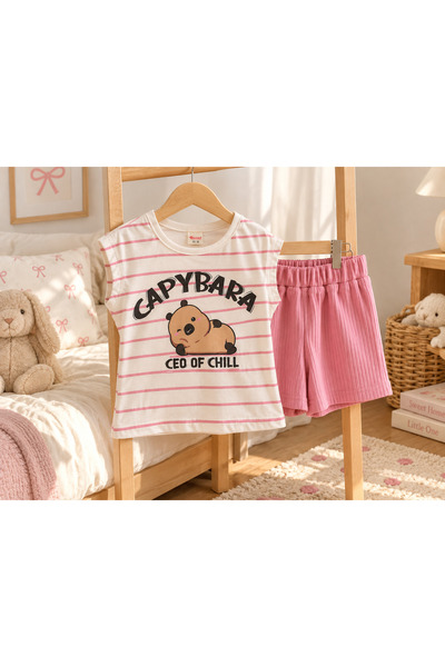 Kız Çocuk 2'li Takım | Capybara Baskılı Çizgili Bej Tişört Fuşya Şort