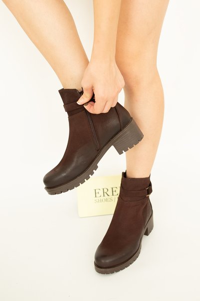 Venüs 1410 Eren Shoes&Bag Genuine Leather Nubuck Buckle Detailed Daily Comfortable Thick Heeled Serrated Non-Slip Sole Zippered Women's Boots Real Leather Nubuck Brown