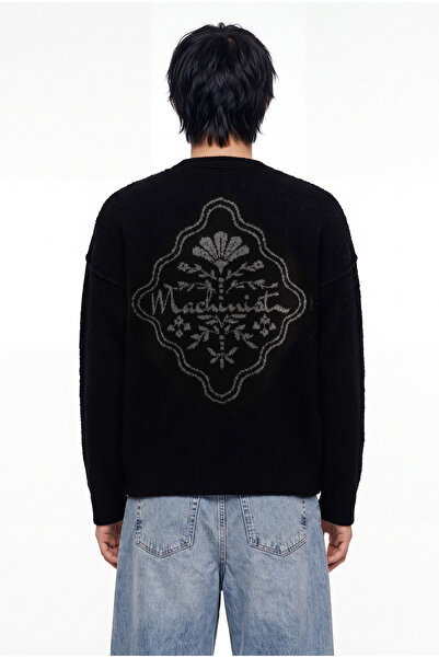 Machinist Men's Crew Neck Back Patterned Oversize Knitwear Black