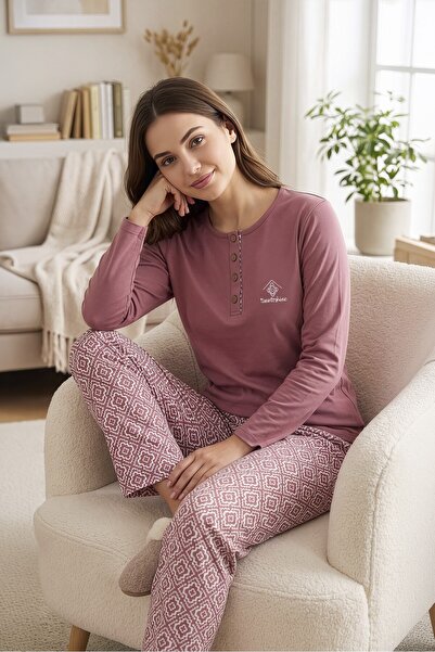 REN Women's dusty rose 100% pure cotton pajama set, relaxed fit, button-down ...