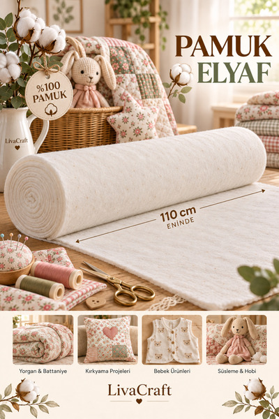LİVA CRAFT Art & Craft Pamuk Elyaf 110cm Eninde 180gr, Tahta Pamuk Vatka 1 Me...