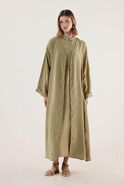 Minik Terzi Taşlanmış İnce Tensel Abaya Zeytin Yeşili
