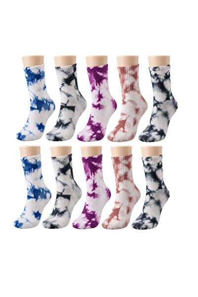 Şerife Hanım Unisex Batik Patterned Socks Set of 10 Cotton Colorful Long Sock...