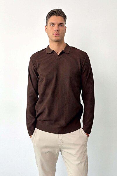 JB John Borners Men's Polo Neck Ribbed Textured Knit Sweater Brown - 27010
