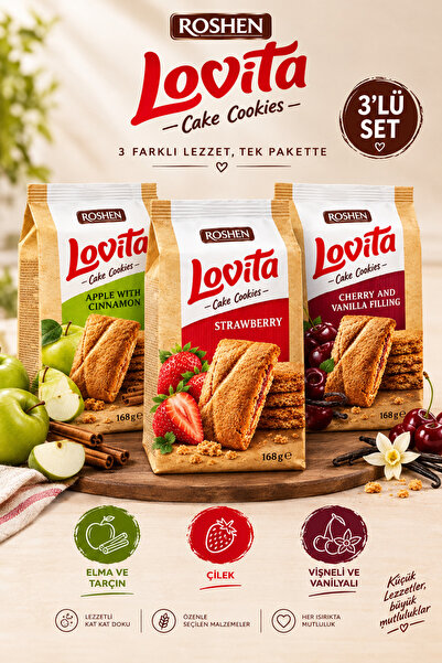 Roshen Lovita 3'lü Kurabiye & Bisküvi Seti Elma & Tarçın, Çilek ve Vişne & Va...
