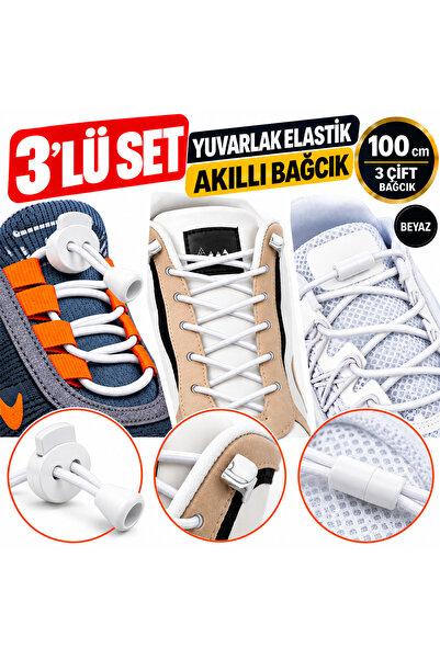 AiryFooT 3’lü Set Yuvarlak Elastik Akıllı Bağcık 100 cm – Akıllı, Metal Klips...