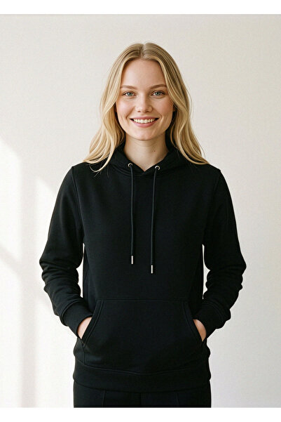 Hediyesepeti Siyah Kadın Kapüşonlu Basic Sweatshirt Kanguru Cepli Hoodie