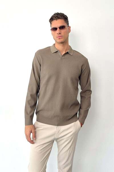 JB John Borners Men's Polo Neck Ribbed Textured Knit Sweater Light Brown - 27010