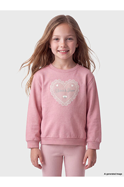 LC Waikiki Pink 3-Thread Printed Standard & Regular Girls' Sweatshirt - W6E87...