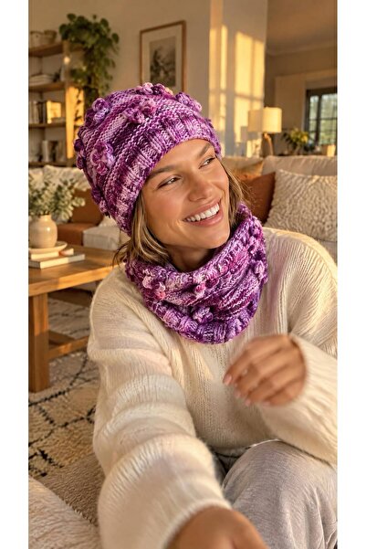 Gönülden Tasarım Colorful Floral Women's Neck Collar Beanie Set