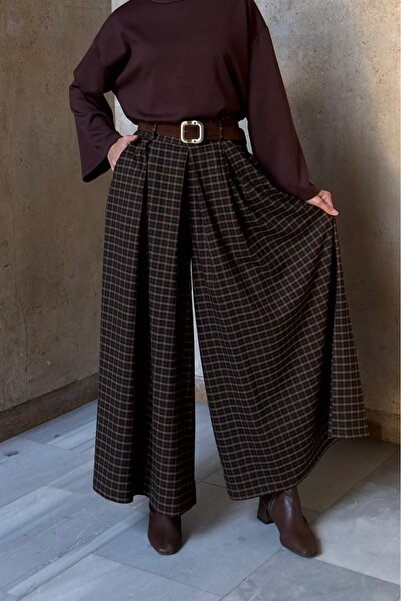 fayaboutique.com Kahverengi Ekose Desenli Colette Pantolon