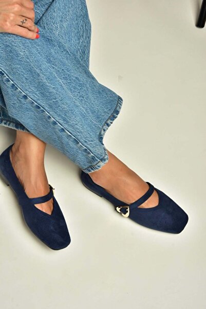 Fox Shoes Y726632602 Navy Blue Suede Heart Buckle Detailed Women's Ballerinas