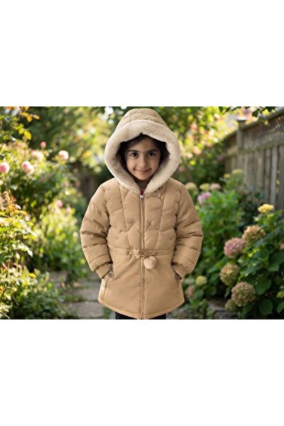 Kız Çocuk Pelüş İçi Kürklü Kapüşonlu Beli Ayarlanabilir Şişme Mont