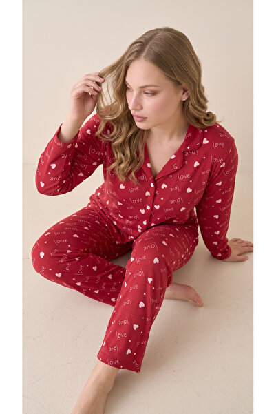 Arzey Red Heart Patterned Suede Long Sleeve Plus Size Front Buttoned Pajama Set