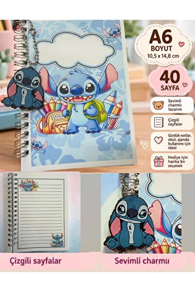 Buki'nin Atölyesi Stitchli Charmlı Not Defteri Spiralli 40 sayfa Çizgili A6 H...