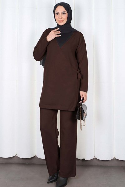 HNT Hayrunnisa Tesettür Brown side-tie double-breasted collar knitwear set hn...