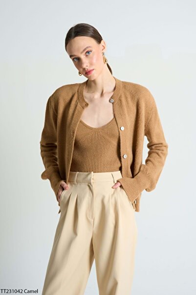 ibeeka Women's Clothing Camel Color Atlat - Cardigan 2 Piece Set