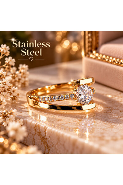 stainless steell Gold Color Zircon Stone Solitaire Wedding Ring Model 18 Size...