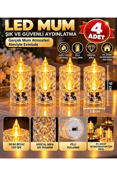 ASG 4 lü Kristal LED Mum Seti BÜYÜK BOY (9 CM) + PİLLİ + KRİSTALMİKA + ALEV E...