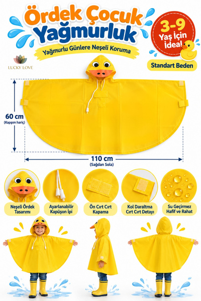 Lucky Love Duck and Shark Patterned Children's Raincoat 3-9 Years Old Waterproof Hooded Poncho 2 Color Options