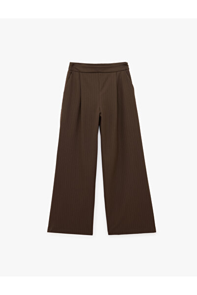 Koton High Waist Pleated Wide Leg Striped Trousers with Pockets