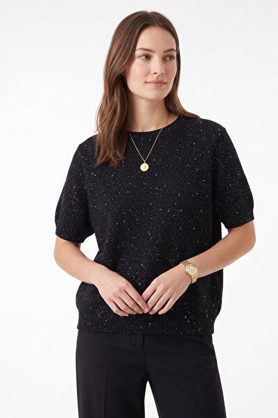 zenne Shiny Short Sleeve Knitwear Sweater T2601 - Black