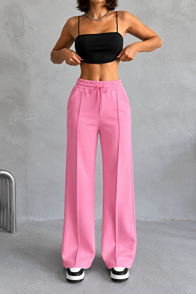 İLKCET MODA Women's Pink Baggy Wide Leg Sweatpants