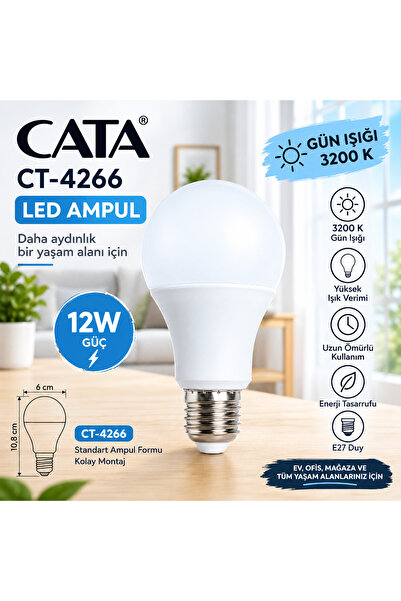 Cata CT-4266 E27 Duylu 12W LED Ampul Günışığı (10 Adet)