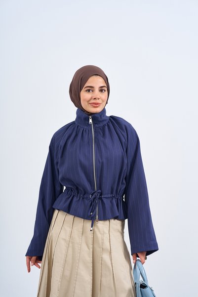 LOCCO Women's Stand Collar Adjustable Waist Striped Jacket Navy Blue