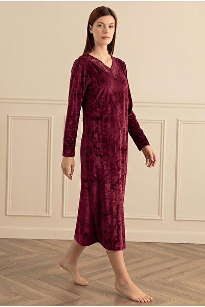 Sevim Women's Long Sleeve Velvet Lace V-Neck Burgundy Long Dress C3T2N081
