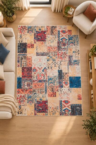 Oriente Home Zenya Serisi Patchwork Kırmızı Şönil Makine Halısı Kaymaz Taban ...
