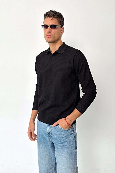 JB John Borners Men's Polo Collar Ribbed Textured Knit Sweater Black - 27010