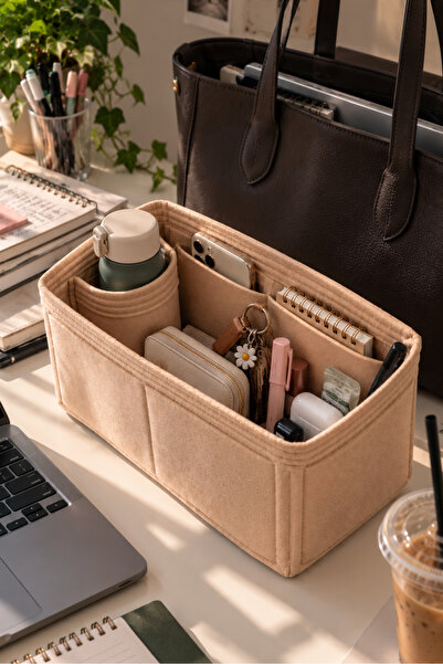 Ürün Başlığı Çanta İçi Organizer Düzenleyici Bej 36x19x18 cm – 2 mm Keçe, Çok Cepli Çanta Düzenleyici