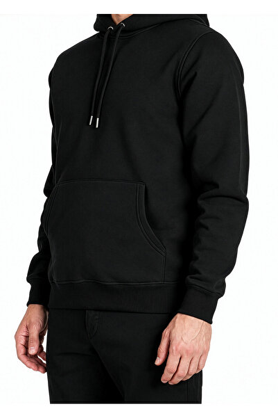 Hediyesepeti Siyah Erkek Kapüşonlu Basic Sweatshirt Kanguru Cepli Hoodie