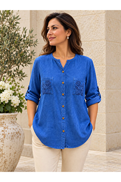 AGORATEKSTİL Women's Washed Cotton Fabric Short Sleeve Buttoned Shirt