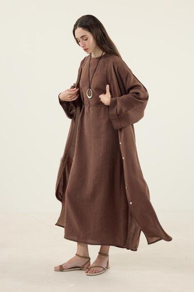 Minik Terzi Taşlanmış İnce Tensel Abaya Kahverengi
