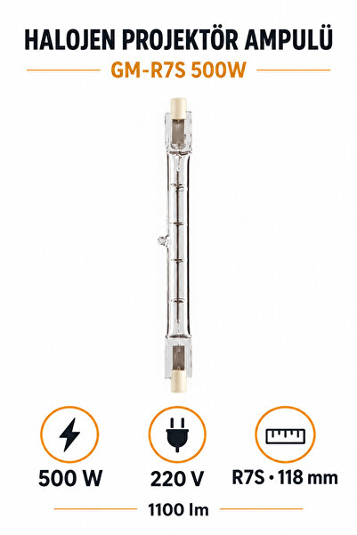 DepoTronik Halojen Projektör Ampulü 500W 220V R7S 118 mm Çift Uçlu GM-R7S 500W