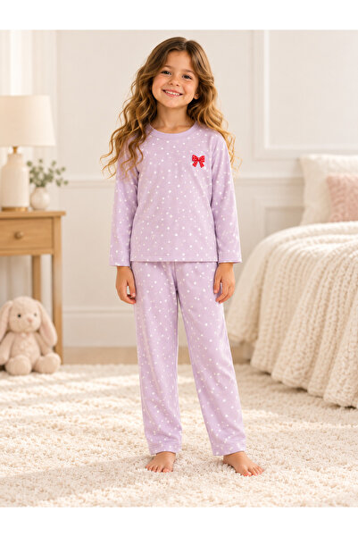 LUESS Kız Çocuk Lila Puantiyeli Uzun Kollu Pijama Takımı