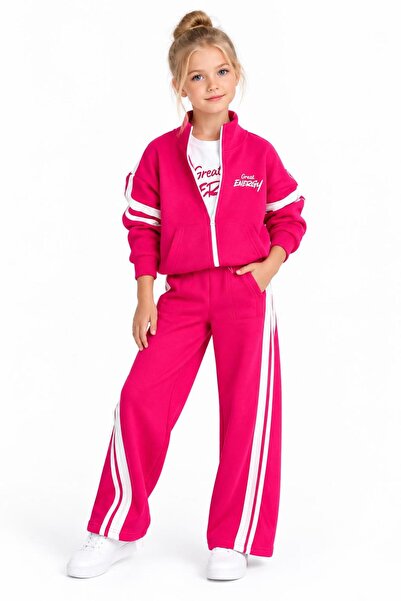 aykidsclup Girl's 3-Thread Ribbed Zippered Tracksuit Set – Stripe Detailed 43...