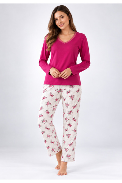Serena Pijama de dama fucsia cu maneca lunga si pantaloni lungi albi cu flori