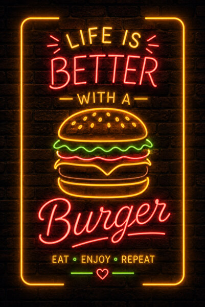 Lucena Burger Neon Duvar Tablosu Metal Baskı Retro Kafe Mutfak Dekorasyonu 30...