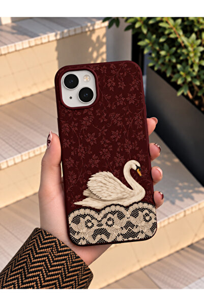 OVADA İphone 13/14/15 Uyumlu Dantelli Kuğu Desenli Silikon Telefon Kılıfı