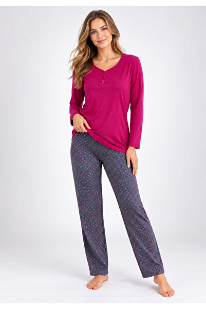 Serena Women's fuchsia long-sleeved pajamas and gray long pants with polka dots