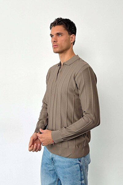 JB John Borners Men's Striped Polo Collar Knitwear Light Brown - 27008